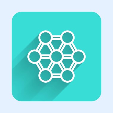 Beyaz çizgi Molekül simgesi uzun gölgeli izole edilmiş. Kimya moleküllerinin yapısı, fen öğretmenlerinin yenilikçi eğitim posteri. Yeşil kare düğmesi. Vektör.