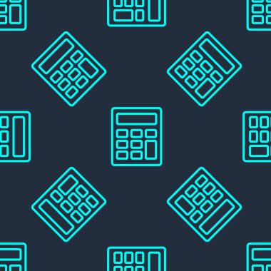 Yeşil çizgi hesap makinesi simgesi mavi arkaplanda izole edilmiş pürüzsüz desen. Muhasebe sembolü. İş hesaplamaları matematik eğitimi ve finans. Vektör.