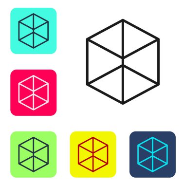Siyah çizgi Geometrik şekil Küp simgesi beyaz arkaplanda izole edildi. Soyut şekil. Geometrik süs. Renkli kare düğmelerle simgeleri ayarla. Vektör.