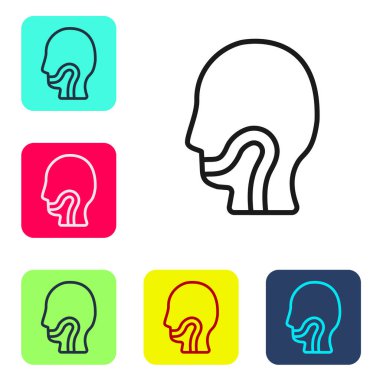 Beyaz arka planda siyah çizgili boğaz ağrısı ikonu var. Boğaz ağrısı. Grip, grip, grip, anjin. Sağlık ve sağlık hizmetleri. Renkli kare düğmelerle simgeleri ayarla. Vektör.