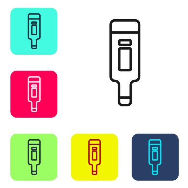 Tıbbi muayene ikonu için siyah çizgi dijital termometresi beyaz arka planda izole edildi. Renkli kare düğmelerle simgeleri ayarla. Vektör.