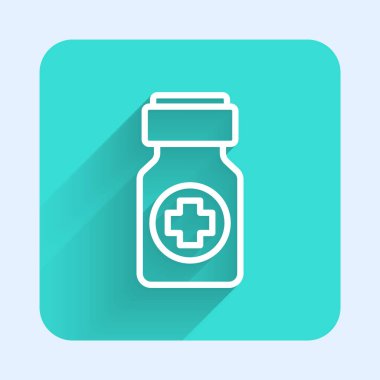 Beyaz çizgi ilaç şişesi ve uzun gölgeli ilaç ikonu. Şişe hapı işareti. Eczane tasarımı. Yeşil kare düğmesi. Vektör.