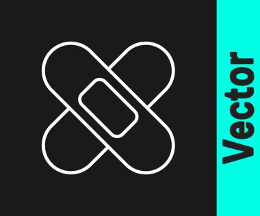 Beyaz çizgi, siyah arkaplanda izole edilmiş bandaj alçı ikonu. Tıbbi alçı, yapıştırıcı bandaj, esnek kumaş bandajı. Vektör.