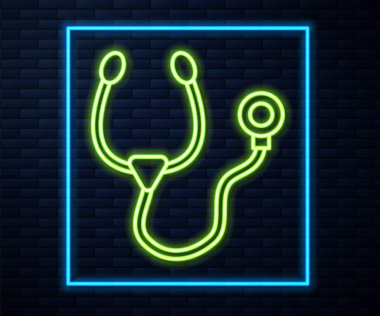 Parlayan neon hattı steteskop tıbbi alet ikonu tuğla duvar arka planında izole edildi. Vektör.