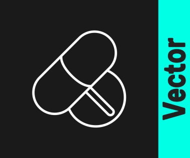 Siyah arka planda beyaz çizgi ilaç veya tablet ikonu var. Kapsül hapı ve uyuşturucu işareti. Eczane tasarımı. Vektör.