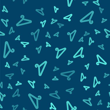 Yeşil çizgi elbise askısı ikonu mavi arka planda izole edilmiş pürüzsüz desen. Vestiyer ikonu. Kıyafet servis sembolü. Çamaşır askı tabelası. Vektör.