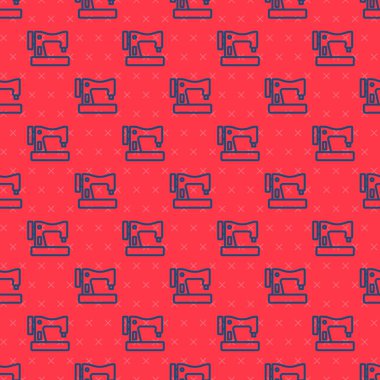 Mavi çizgi dikiş makinesi simgesi kırmızı arkaplanda izole edilmiş pürüzsüz desen. Vektör.