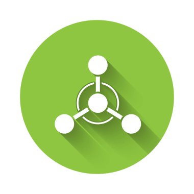 Beyaz Molekül simgesi uzun gölgeli izole edilmiş. Kimya moleküllerinin yapısı, fen öğretmenlerinin yenilikçi eğitim posteri. Yeşil daire düğmesi. Vektör.