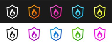 Ateş koruma kalkanı simgesini siyah beyaz arkaplanda izole et. Sigorta konsepti. Güvenlik, güvenlik, koruma, konsept koruma. Vektör.