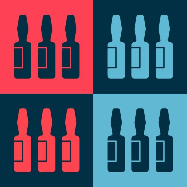 Pop Art Tıbbi Şişesi, ampul, renkli arka planda izole edilmiş şişe ikonu. Aşı, iğne, aşı, sağlık hizmeti konsepti. Vektör.