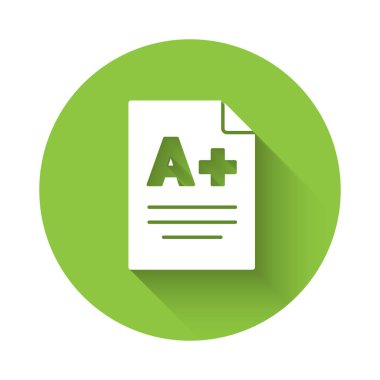 A + notu olan beyaz sınav kağıtları uzun gölgeli izole edilmiş. Sınav kağıdı, sınav ya da araştırma konsepti. Sınav ya da sınav. Yeşil daire düğmesi. Vektör.