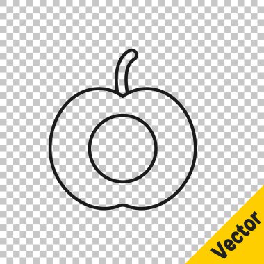 Şeffaf arkaplanda yaprak simgesi olan siyah çizgi şeftali veya nektarin. Vektör.