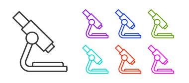 Siyah çizgi mikroskop simgesi beyaz arkaplanda izole edildi. Kimya, ilaç aleti, mikrobiyoloji büyütme aracı. Simgeleri renklendirin. Vektör.