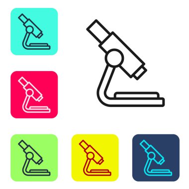 Siyah çizgi mikroskop simgesi beyaz arkaplanda izole edildi. Kimya, ilaç aleti, mikrobiyoloji büyütme aracı. Renkli kare düğmelerle simgeleri ayarla. Vektör.