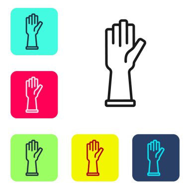 Siyah çizgi tıbbi lastik eldiven ikonu beyaz arka planda izole edildi. Koruyucu lastik eldivenler. Renkli kare düğmelerle simgeleri ayarla. Vektör.