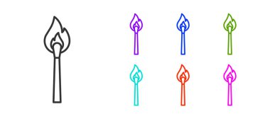 Beyaz arkaplanda izole edilmiş ateş ikonu ile siyah çizgi yakma kibriti. Ateşle maç. Kibrit işareti. Simgeleri renklendirin. Vektör.