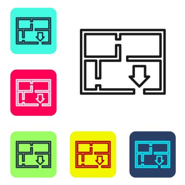 Siyah çizgi tahliye planı simgesi beyaz arkaplanda izole edildi. Yangın kaçış planı. Renkli kare düğmelerle simgeleri ayarla. Vektör.