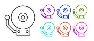 Siyah çizgi alarm zili simgesi beyaz arkaplanda izole edildi. Yangın alarmı. Servis zili, el zili işareti, uyarı sembolü. Simgeleri renklendirin. Vektör.