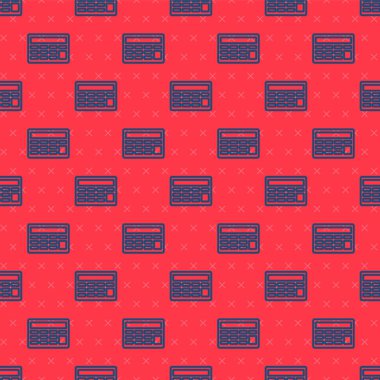 Mavi çizgi hesap makinesi simgesi kırmızı arkaplanda izole edilmiş pürüzsüz desen. Muhasebe sembolü. İş hesaplamaları matematik eğitimi ve finans. Vektör.