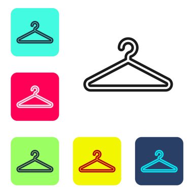 Siyah çizgi elbise askısı ikonu beyaz arka planda izole edildi. Vestiyer ikonu. Kıyafet servis sembolü. Çamaşır askı tabelası. Renkli kare düğmelerle simgeleri ayarla. Vektör.