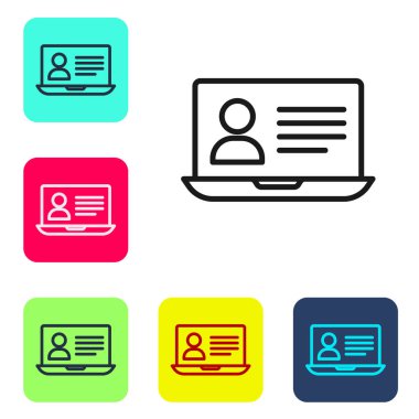 Siyah çizgi çevrimiçi sınıf simgesi beyaz arkaplanda izole edildi. Çevrimiçi eğitim kavramı. Renkli kare düğmelerle simgeleri ayarla. Vektör.