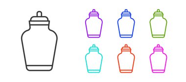 Siyah çizgi Cenaze Vazosu simgesi beyaz arkaplanda izole edildi. Yakma ve gömme kapları, kolumbaryum vazolar, küllü kavanozlar ve kaplar. Simgeleri renklendirin. Vektör.