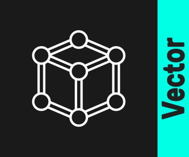 Beyaz çizgi Molekül simgesi siyah arkaplanda izole edildi. Kimya moleküllerinin yapısı, fen öğretmenlerinin yenilikçi eğitim posteri. Vektör.