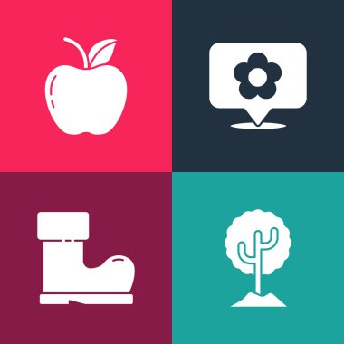 Pop sanat ağacı, su geçirmez lastik bot, çiçek ve elma ikonlu konum. Vektör.