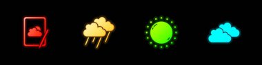 Hava tahminini ayarlayın, bulutlu yağmur, güneş ve ikon. Vektör.
