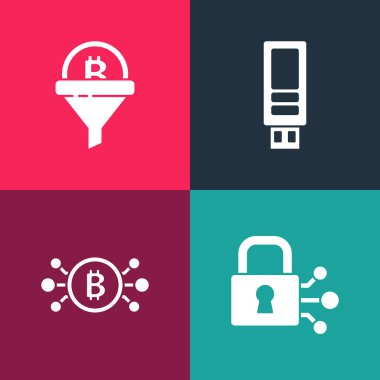 Pop sanat kilidini bitcoin, Bitcoin devresi, USB flash disk ve satış hunisi ikonu ile ayarla. Vektör.