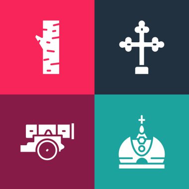 Pop sanatları kralı tacı, top, Hıristiyan haçı ve Birch ağacı ikonu koyun. Vektör.