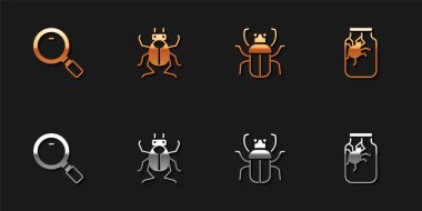 Büyüteç, böcek, Koku ve Örümcek kavanozu ikonunu hazırla. Vektör.