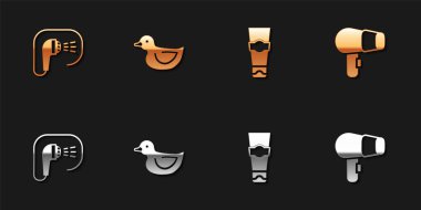 Duşu, plastik ördeği, diş macunu tüpünü ve saç kurutma ikonunu hazırla. Vektör.