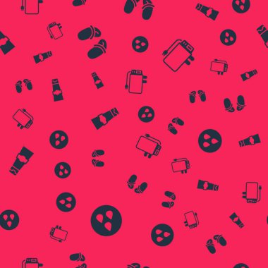 Su damlasını, parmak arası terlikleri, diş macunu tüpünü ve elektrikli kazanı sorunsuz bir şablona ayarlayın. Vektör.