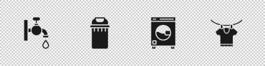 Su musluğu, çöp tenekesi, çamaşır makinesi ve kurutma ikonu. Vektör.