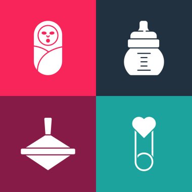 Pop Art Baby kıyafet iğnesi, Whirligig oyuncağı, şişe ve yeni doğan bebek kundaklama ikonu. Vektör.