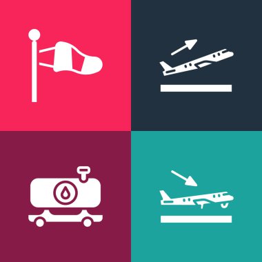 Patlayan sanat uçakları, yakıt tankeri, kalkış ve koni meteorolojisi ikonu ayarlayın. Vektör.