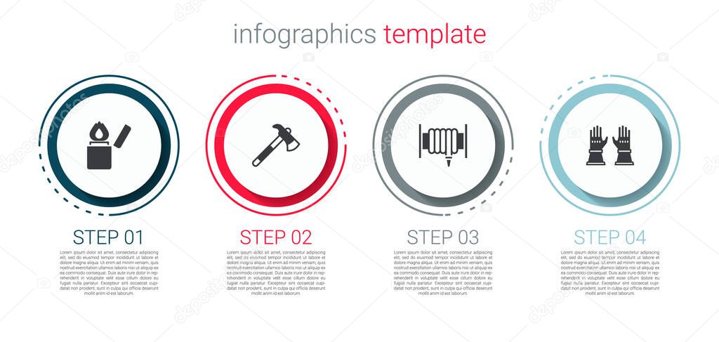Set Lighter, Firefighter axe, hose reel and gloves. Business infographic template. Vector.