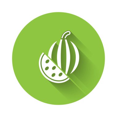 Uzun gölgeli beyaz karpuz ikonu. Yeşil daire düğmesi. Vektör.