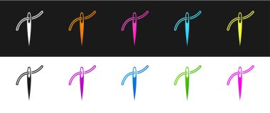 Siyah ve beyaz arkaplanda izole edilmiş iplik simgesi ile dikiş için İğne 'yi ayarla. Terzi sembolü. Tekstil el sanatları tabelasını diker. Nakış aletleri. Vektör.