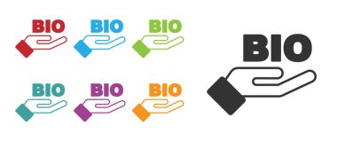 Siyah Biyoloji yeşil sağlıklı yiyecek ikonu beyaz arka planda izole edildi. Organik ürün. Sağlıklı yemek etiketi. Simgeleri renklendirin. Vektör.