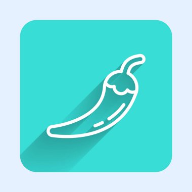Beyaz çizgi Hot chili biber kabuğu ikonu uzun gölgeli izole edilmiş. Market, mutfak ürünleri, baharat ve baharat paketi, yemek kitabı için tasarım. Yeşil kare düğmesi. Vektör.