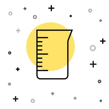 Beyaz arka planda siyah çizgi laboratuvar cam süslemesi ya da beher ikonu izole edilmiş. Rastgele dinamik şekiller. Vektör.