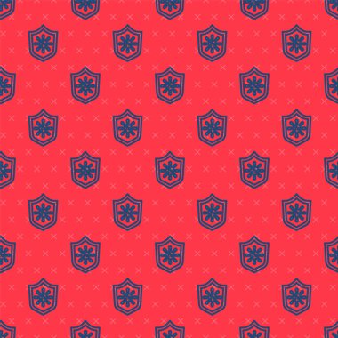 Mavi çizgi kalkanı virüsten, mikroplardan ve bakteri simgesinden koruyor. Kırmızı arka planda izole edilmiş bir iz var. Bağışıklık sistemi konsepti. Corona virüsü 2019-nCoV. Vektör.