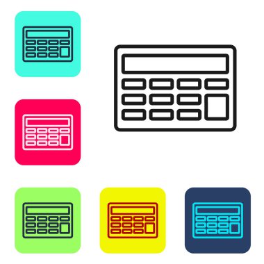 Siyah çizgi hesap makinesi simgesi beyaz arkaplanda izole edildi. Muhasebe sembolü. İş hesaplamaları matematik eğitimi ve finans. Renkli kare düğmelerle simgeleri ayarla. Vektör.