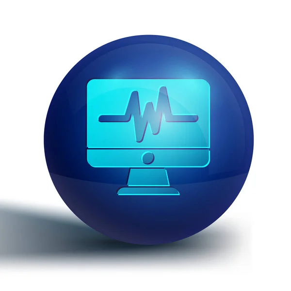 Blauwe Computer Monitor Met Cardiogram Icoon Geïsoleerd Witte Achtergrond Monitoring — Stockvector