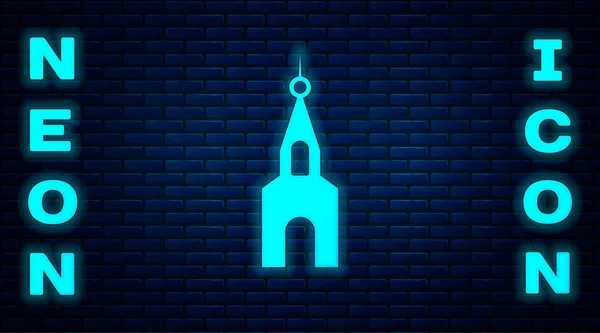 Glödande Neon Kyrka Byggnad Ikon Isolerad Tegel Vägg Bakgrund Kristna — Stock vektor