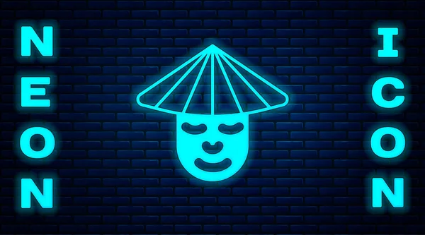 Glödande Neon Asiatisk Eller Kinesisk Konisk Halm Hatt Ikon Isolerad — Stock vektor