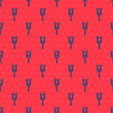 Mavi çizgi koltuk değnekleri ya da koltuk değnekleri simgesi kırmızı arkaplanda izole edilmiş kusursuz desen. Kas iskeleti hastalığı olan insanların rehabilitasyonu için gerekli ekipman. Vektör.