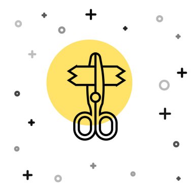 Siyah çizgi makas simgesi beyaz arkaplanda izole edildi. Terzi sembolü. Alet kesme işareti. Rastgele dinamik şekiller. Vektör.